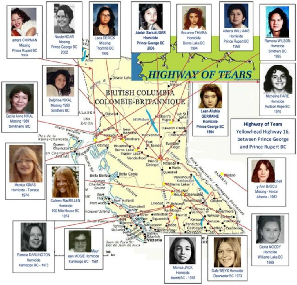 Highway of Tears map showing dozens of missing women since 1969 along highway 16, highway 5 and highway 97 now dubbed the Highway of Tears. Map also shows how the suspect Henning Lagies co-owned a home in the center of the area where women have continued to disappear in BC