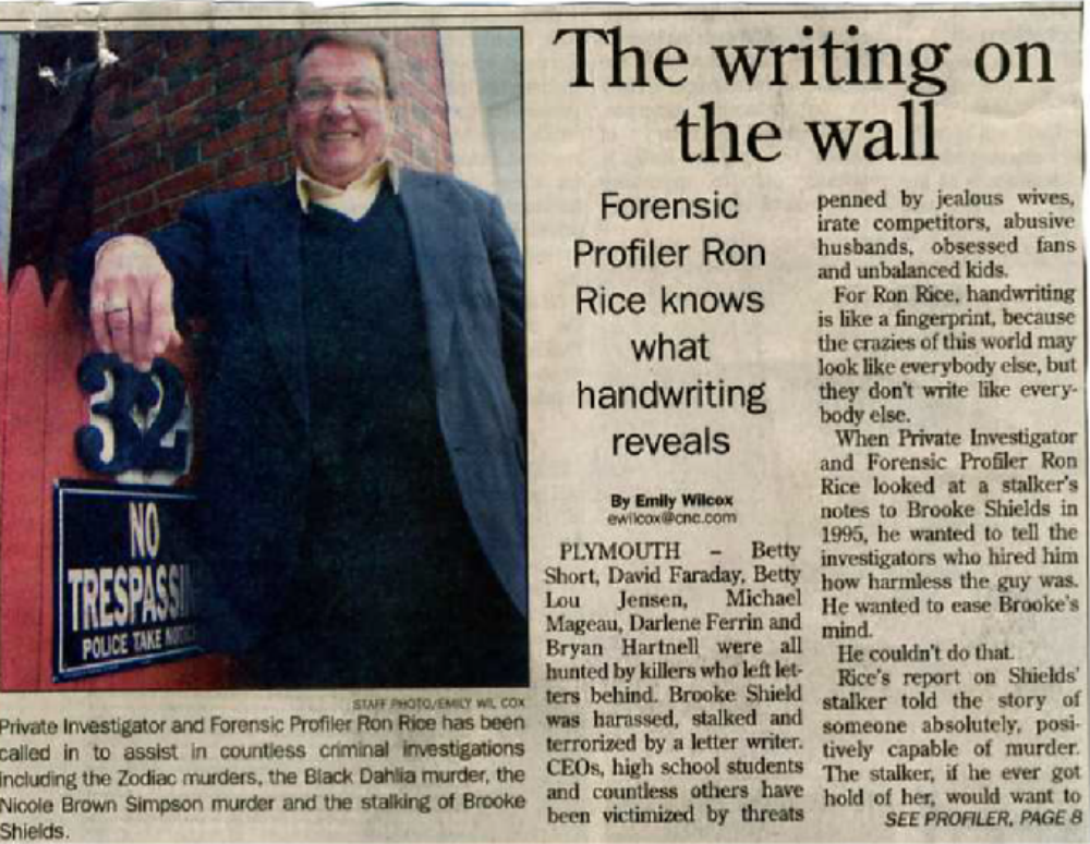 Photo of Ron Rice Forensic Examiner in the United States in a newspaper article regarding his work on high profile cases including the Zodiac Killer