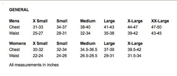 Mens Size Small Chart
