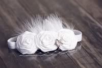 Lily La Fleur Triple White Rose Headband Embellished with Feathers, Bird Veiling and Rhinestone