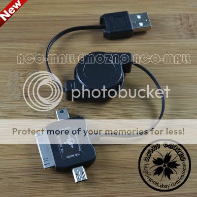 New Black Retractable Micro + Mini B 5 Pin+ iPod iPhone USB Data Cable 